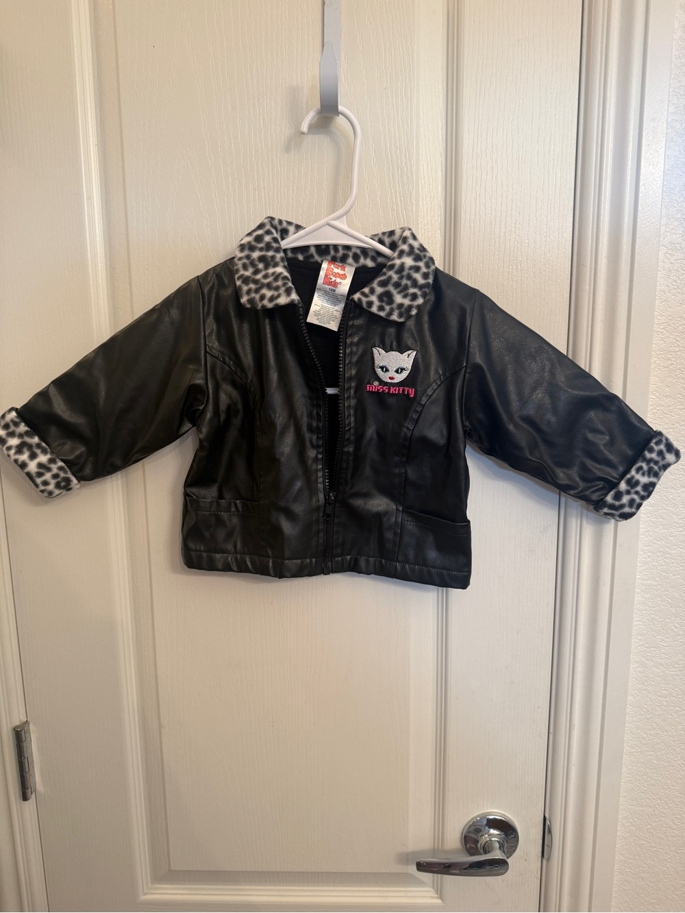 Vintage Girls Black Faux Leather Jacket with Leopard Trim